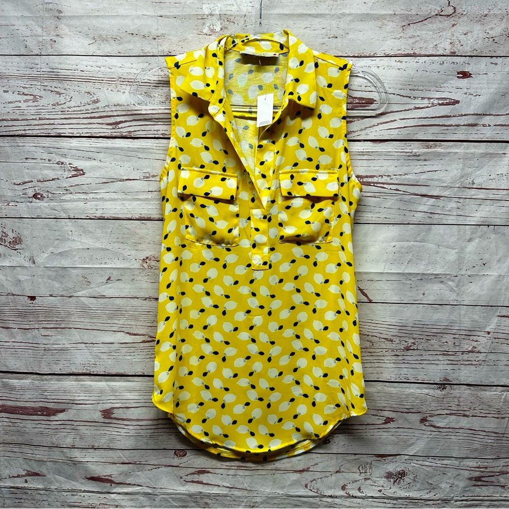 LOFT Lemon Sleeveless Blouse Split Neck Collar Knit Back Size Small